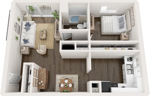 A top-down view of a small apartment with a kitchen, living room, and bedroom.